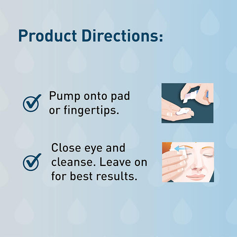Directions: Pump OCuSOFT Lid Scrub PLUS Foaming Eyelid Cleanser onto a pad or fingertips for effective blepharitis relief. With eyes closed, cleanse eyelids using this extra strength formula and leave on for optimal results. Illustrations depict application with a pad to closed eyes.