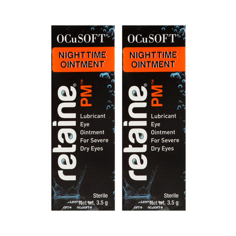 Two boxes of Ocusoft Retaine PM Nighttime Ointment, featuring an economy size 2-pack (2 x 5g tubes), are displayed. These preservative-free lubricants for severe dry eyes come in black packaging with orange and white text.