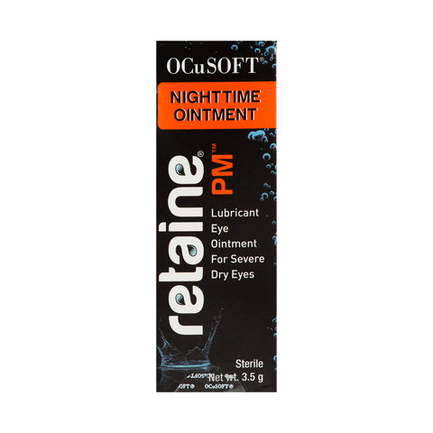 Image of a box of Ocusoft Retaine PM Nighttime Ointment by OCuSOFT. The black package with an orange label reads Nighttime Eye Ointment, offering preservative-free relief for severe dryness and has a net weight of 5g.
