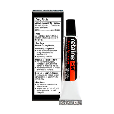 Displayed in front of its box, the Ocusoft Retaine PM Nighttime Ointment Economy Size 5g highlights its use as a nighttime eye ointment. The packaging details white petrolatum as the active ingredient and describes preservative-free instructions for easing dry eyes.