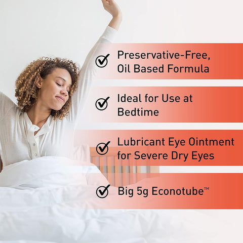 A person stretches contentedly in bed next to text promoting Ocusoft Retaine PMs benefits: Preservative-Free, Oil Based Formula, Ideal for Use at Bedtime, and Lubricant Eye Ointment for Severe Dry Eyes. Enjoy effective relief with the big 5g tube. Available in an Economy Size 2-Pack!.
