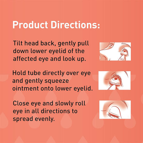 The Ocusoft Retaine PM Nighttime Ointment (5g) from OCuSOFT includes illustrated instructions: Tilt your head back, pull the lower eyelid, squeeze the ointment onto the eyelid, then close your eye and roll it to evenly spread for essential dry eye relief.