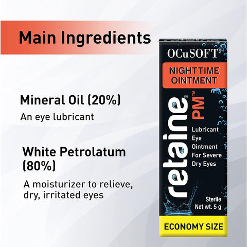 The Ocusoft Retaine PM Nighttime Ointment Economy Size 5g by OCuSOFT, displays packaging that highlights its preservative-free formula with 20% Mineral Oil as an eye lubricant and 80% White Petrolatum as a moisturizer for dry, irritated eyes, ensuring effective dry eye relief.