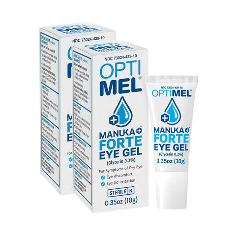Image of Melcare OptiMel 2-pack Manuka Forte Eye Gel Ointment, showing two boxes and a tube labeled: OptiMel Manuka Forte Eye Gel (Glycerin 0.2%) for dry eye relief, a preservative-free, Manuka honey gel in a soothing 0.35oz (10g) tube.