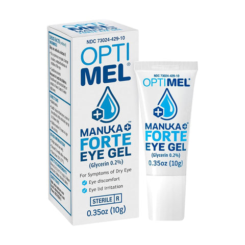 The Melcare OptiMel Manuka Forte Eye Gel Ointment is shown in both its box and 10g tube form. The predominantly white and blue design emphasizes a preservative-free formula with 0.2% glycerin for dry eye relief, eyelid irritation, and hydrating Manuka honey.