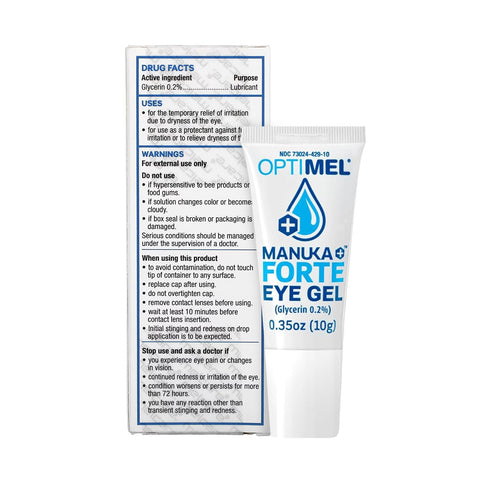 The image displays a white box and tube of Melcares OptiMel Manuka Forte Eye Gel Ointment (0.35 oz/10g) for dry eye relief, featuring drug facts, uses, warnings, a preservative-free formula with 0.2% glycerin, and a blue droplet logo highlighting Manuka honey benefits.