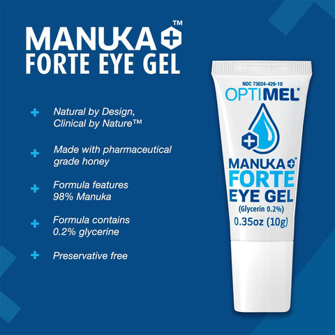 The image features an OptiMel Manuka Forte Eye Gel Ointment (0.35 oz/10g tube) from Melcare against a blue backdrop, highlighting its natural formula with 98% pharmaceutical-grade Manuka honey and 0.2% glycerin, providing preservative-free relief for dry eyes.