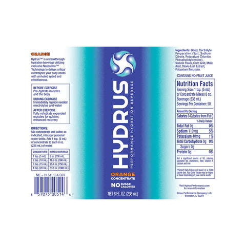 The Hydrus Performance label for its orange-flavored, sugar-free hydration concentrate features Nanosome™ Technology. It includes ingredients, nutrition facts, and usage instructions in a blue and white design with a swirl logo at the center.