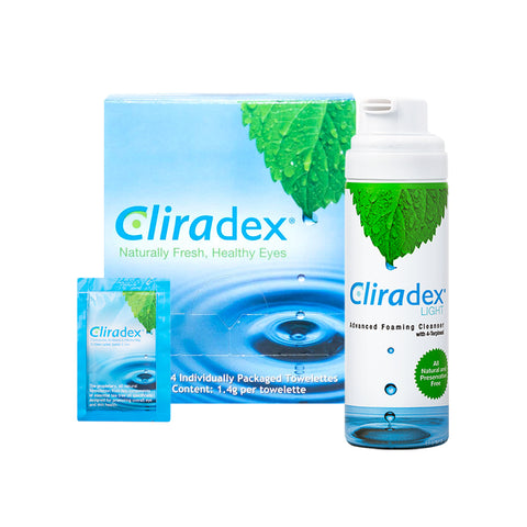 Cliradex® Complete Eyelid Hygiene Bundle—featuring 1 box of towelettes and 2 foaming cleansers—is ideal for eyelid care and blepharitis relief. Packaging highlights Naturally Fresh, Healthy Eyes with green leaf and water imagery.