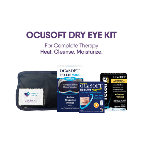 The image features the OCuSOFT Eye Kit containing four essentials: a carrying case, dry eye mask, lid scrub, and lubricant. Text reads: OCuSOFT Eye Kit - Comprehensive Therapy: Heat. Cleanse. Moisturize with Lid Scrub for enhanced comfort.