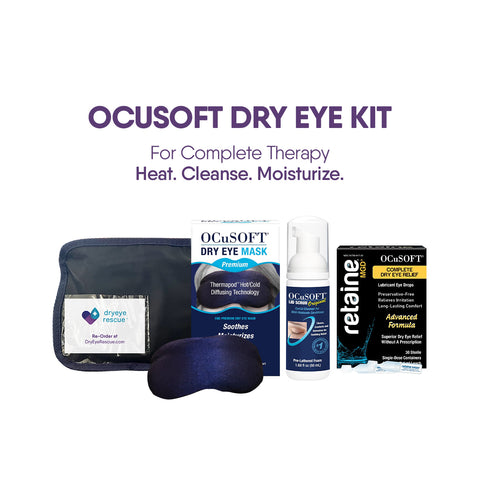 Image of the OCuSOFT Eye Kit showcasing a soothing eye mask, Lid Scrub foam, Retaine MGD drops, and cleanse wipes with text above reading: OCuSOFT Eye Kit For Complete Therapy—Heat. Cleanse. Moisturize.