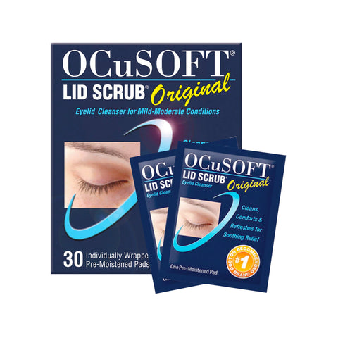 The packaging features the OCuSOFT Lid Scrub Original Compliance Kit Foam and Wipes, which includes a box of 30 individually wrapped cleansing pads for eyelid care. Nearby, images of two sample packets display the same effective cleanser from OCuSOFT.