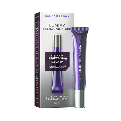 The LUMIFY Eye Illuminations Hydra-Gel Brightening Eye Cream by Bausch + Lomb comes in purple packaging with silver accents, highlighting niacinamide and vitamin C. Clinically proven and hypoallergenic, it brightens under-eye areas for smoother skin with a subtle glow.