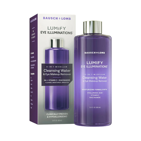 The purple bottle of Bausch + Lomb LUMIFY Eye Illuminations Cleansing Water & Eye Makeup Remover (160mL) for sensitive eyes, positioned next to its box, contains clinically proven, hypoallergenic micellar cleansing water enriched with hyaluronic acid, vitamin C, and niacinamide.