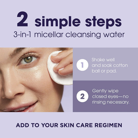 A woman gently uses LUMIFY Eye Illuminations Cleansing Water & Eye Makeup Remover on her face with a cotton pad, ideal for sensitive eyes. The image reads: 2 steps: Shake well, soak pad, then wipe closed eyes. Text below: ADD TO YOUR SKIN CARE REGIMEN. Brand: Bausch + Lomb. (160mL Bottle).