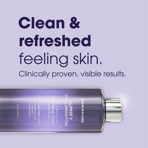 A Bausch + Lomb LUMIFY Eye Illuminations Cleansing Water & Eye Makeup Remover (160mL) bottle sits on a light purple background. Text above reads: Clean & refreshed feeling skin. Clinically proven, visible results. The dark purple bottle with silver accents adds an elegant touch.