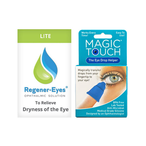 Packaging includes Regener-Eyes Lite ophthalmic solution (3mL, 4-week supply) and Magic Touch easy applicator. The package features an eye image with a blue silicone device on a finger.