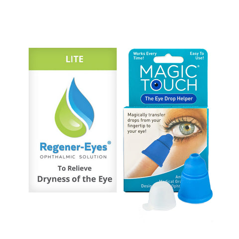 The image features a box of Regener-Eyes Lite with Magic Touch Easy Applicator (3mL Bottle, 4 Week Supply) by Regener-Eyes, designed to alleviate eye dryness, highlighting an easy-application blue funnel-like device.