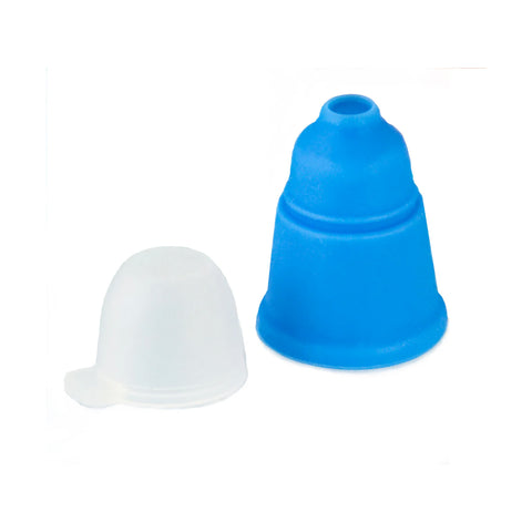 A clear silicone eye drop applicator sits beside a blue, conical Magic Touch Eye Drop Applicator with a small ring at its opening, all set against a pristine white backdrop.