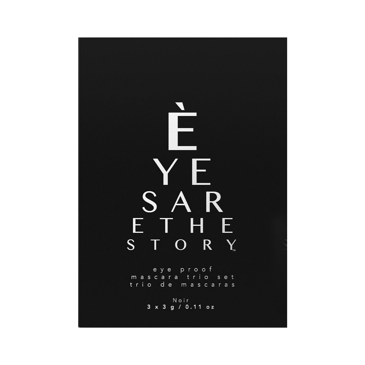 The sleek black packaging with bold white text announces ÈYE SAR ETHE STORỲ. Below, it reveals the Eye Proof Mascara Trio Set by Eyes are the Story. This set of three non-flaking mini mascaras is perfect for sensitive eyes, weighing 3 x 3g / 0.11 oz.