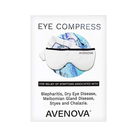 The Avenova Microwavable Heat Eye Compress Mask by Avenova is a reusable eye mask shown on a blue marble background. Text highlights relief for blepharitis, dry eyes, meibomian gland disease, styes, and chalazia.