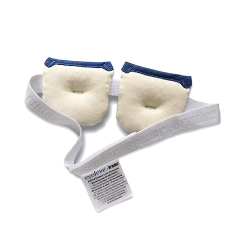 The Bruder Eyeleve Eye Compress for Contact Lens Wearers features a white and blue design with soft cushioning for enhanced comfort. It has an adjustable elastic band with embossed product details and benefits from MediBeads technology, set against a white background.