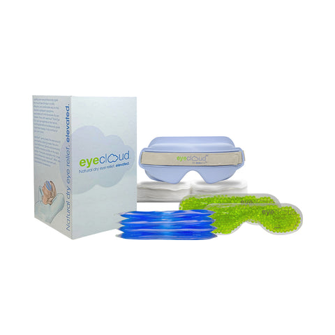 An EyeEco EyeCloud Home Treatment Kit box sits beside a white and gray adjustable eye mask. In front are two blue and two green gel packs, all designed for natural dry eye relief and effective moist heat therapy (600+ uses).