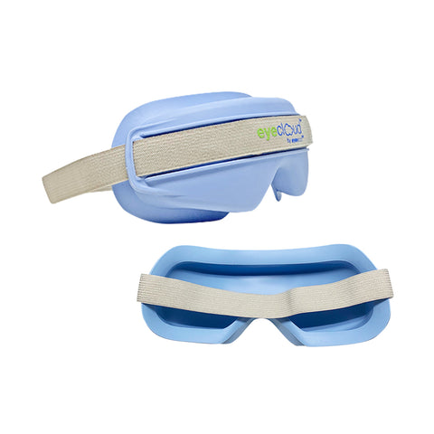 The EyeEco EyeCloud Home Treatment Kit in blue features an adjustable beige strap and is shown from front and back. Designed for comfort and coverage, it provides moist heat therapy with 600+ gel pack uses for effective dry eye relief.