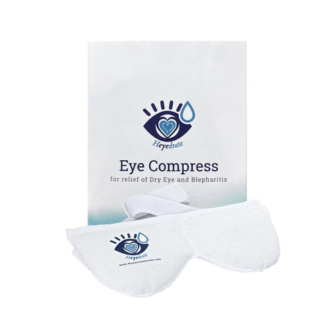 The Heyedrate Warm Compress Eye Mask is shown with its product box, featuring the brand logo and for Dry Eyes Relief and Blepharitis. This reusable hot & cold therapy mask soothes dry eyes, puffiness, and sinus discomfort.