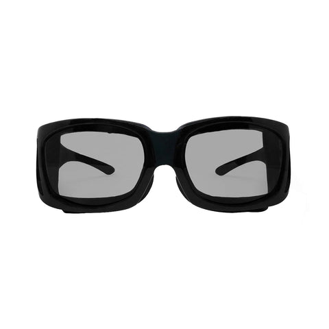 Front view of EyeEco Large Moisture Release Eyewear in matte black with clear lenses from PRN, designed for outdoor activities. Featuring an anti-fog coating, these glasses ensure clarity and include a microfiber bag for sleek storage.