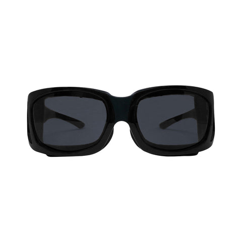 The EyeEco Large Moisture Release Eyewear (Matte Black with Gray Lens) by EyeEco is shown from the front, featuring a black rectangular frame, gray anti-fog lenses, and displayed against a plain white background.