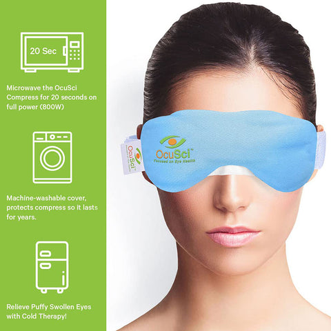 A person using the blue OcuSci Premium Heat & Cold Mask with HydroBlock, featuring a microwavable and antimicrobial, machine-washable cover, enjoys therapeutic heat. Icons specify 20-second microwave heating. Text reads, Relieve Puffy Swollen Eyes with Cold Therapy.