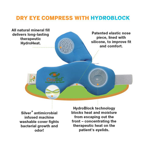 The image features the OcuSci Premium Heat & Cold Mask, a blue microwavable mask with HydroBlock technology. It includes a patented elastic nose pad, HydroHeat, and an antimicrobial cover to provide soothing warmth and lasting comfort by retaining heat and moisture.
