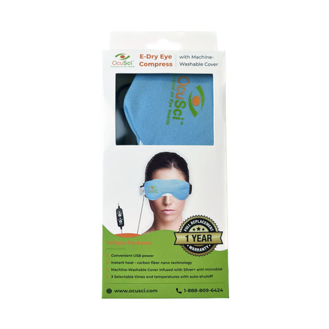The OcuSci E-Compress USB Eye Heat Mask features a blue eye mask with a machine-washable cover, offers three temperature settings, therapeutic heat via USB power, an adjustable timer, and comes with a 1-year warranty. Perfect for relieving dry eyes.