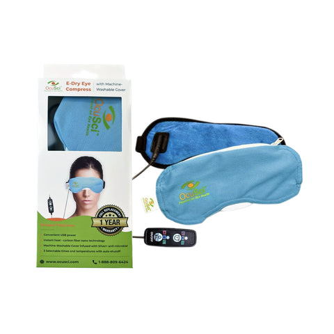 An OcuSci E-Compress USB Eye Heat Mask with a washable cover and three temperature settings sits alongside its packaging, featuring a person using it for Dry Eye Relief. The therapeutic heat mask includes a remote control placed beside them.