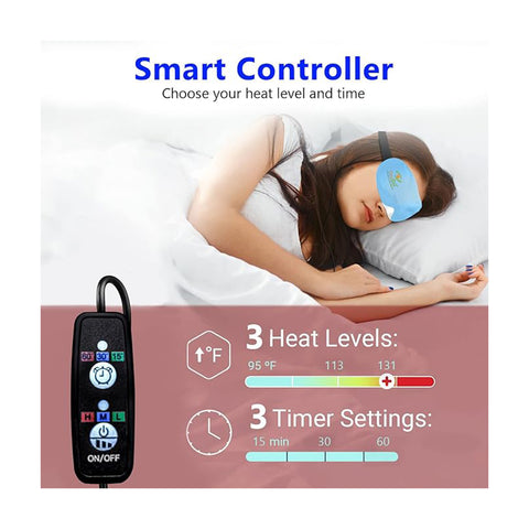 A woman sleeps peacefully with a blue OcuSci E-Compress USB Eye Heat Mask, featuring a washable cover and set to one of three temperatures (95°F, 113°F, 131°F) on the smart controller. The device offers timer settings (15, 30, 60 min) for dry eye relief against a white background showcasing its features.