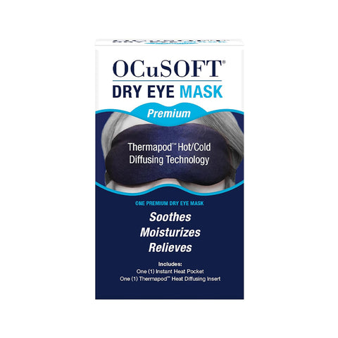 Image of the OCuSOFT Premium Eye Mask, equipped with Thermapod Hot/Cold Diffusing Technology, offering soothing moist-heat therapy for moisturizing and relief. The package includes a single mask and one Thermapod heat diffusing insert.