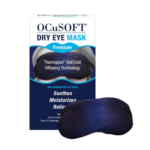 The Ocusoft Premium Eye Mask packaging showcases its Moist-Heat Therapy and Thermapod™ Hot/Cold Diffusing Technology on a blue and white box with the dark blue eye mask prominently displayed. Phrases like Soothes and Moisturizes promise comfort from the OCuSOFT brand.