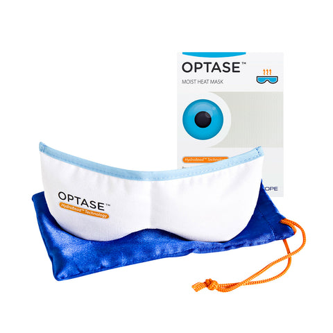 The Optase DryEye Kit (A) offers dry eye relief with a heat mask using HydroBead Technology. It comes in a blue pouch with an orange drawstring, vibrant branding, and an eye image on the box. The white mask with blue trim ensures optimal eyelid hygiene.