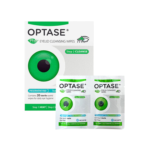 The Optase DryEye Kit includes cleansing wipes with a green eye graphic, labeled Step 2 Cleanse, plus two wipe sachets. Ideal for daily eyelid hygiene, they provide preservative-free relief with tea tree oil.
