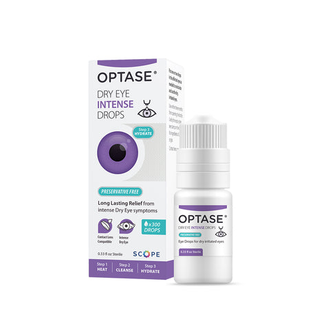 Image of Optase DryEye Kit (A) featuring a box and bottle of Intense Eye Drops. The packagings white, purple, and green design matches the purple label on the preservative-free formula, providing long-lasting dry eye relief crucial for eyelid hygiene.