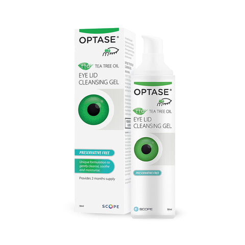 The Optase DryEye Kit, featuring the Tea Tree Oil Eye Lid Cleansing Gel (50ml), showcases a white pump bottle next to its box adorned with a green eye graphic. It emphasizes preservative-free eyelid hygiene, ideal for soothing, moisturizing, and relieving dry eyes.