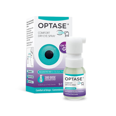 The image shows an Optase DryEye Kit package with Heat Mask, Cleaning Gel, and Intense Drops for dry eye relief. The box presents product information and a large eye graphic. The smaller spray bottle is labeled 300 dose convenient spray and 0.85 fl oz (7 ml).