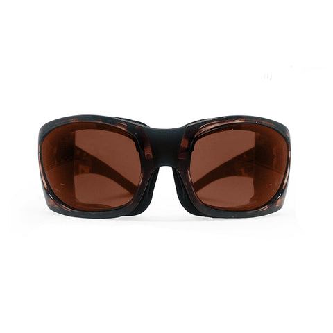 The EyeEco Small Moisture Release Eyewear by PRN, with sleek red tortoise frames and copper lenses, featuring anti-fog coating, is elegantly displayed against a white background.