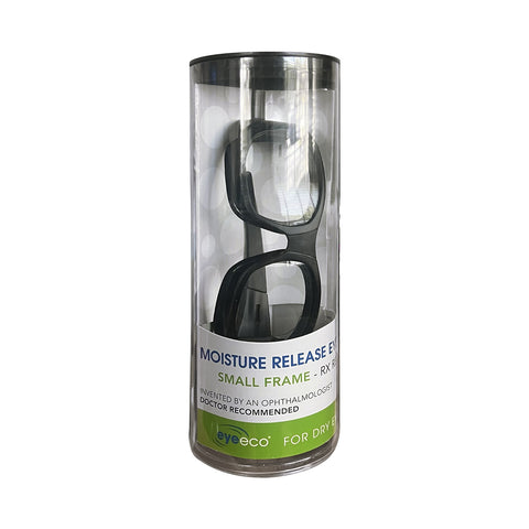 The cylindrical container holds EyeEco Small Moisture Release Eyewear in shiny black with a clear lens, designed for small frames with an anti-fog coating. Invented by an ophthalmologist, it is recommended by physicians and produced by PRN - Physician Recommended Nutriceuticals.