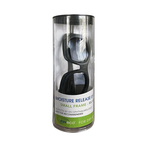 The cylindrical package contains EyeEco Small Moisture Release Eyewear, with shiny black frames and gray lenses, designed for dry eyes. Labeled Small Frame, RX under the PRN - Physician Recommended Nutriceuticals brand, it includes a stylish microfiber bag for storage and protection.