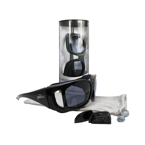 The EyeEco Small Moisture Release Eyewear by PRN in shiny black with gray lenses includes a branded microfiber bag for cleaning and is packaged in a cylindrical container, highlighting its style and spare components.