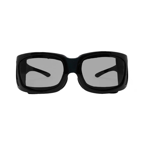 The EyeEco Small Moisture Release Eyewear by PRN, in shiny black with clear lenses, is showcased from the front against a plain white background.