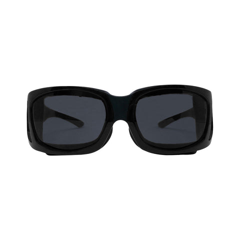 Front view of PRNs EyeEco Small Moisture Release Eyewear in shiny black with gray lenses. Isolated against a white background, these stylish sunglasses come with a microfiber bag for protection, highlighting their sleek design.