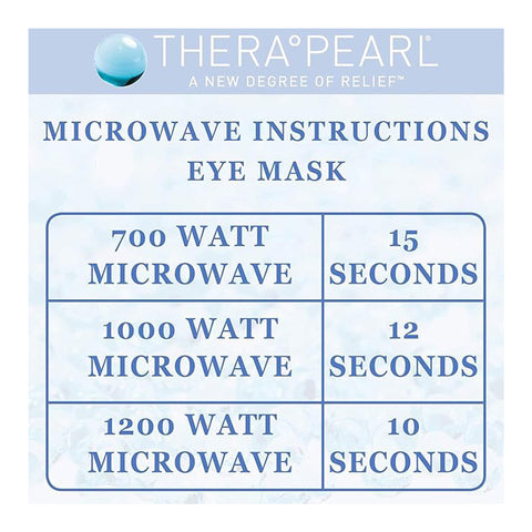 Microwave instructions for Bausch + Lomb TheraPearl Flexible Gel Beads: 700 watts-15 seconds, 1000 watts-12 seconds, 1200 watts-10 seconds. Enjoy hot and cold therapy with color-changing technology. A New Degree of Relief is featured at the top.